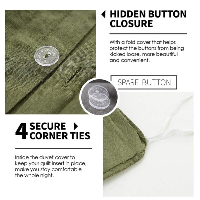 Simple&Opulence 100% Linen Duvet Cover Set 2pcs Basic Style Natural French Washed Flax Solid Color Soft Breathable Farmhouse Bedding with Button Closure - Olive Green, Twin - Image 3